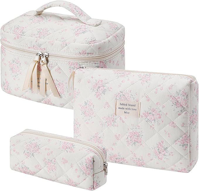 uekeboag Large Travel Quilted Makeup Bag for Women, Floral Cotton Cosmetic Bag, Coquette Aesthetic Floral Toiletry Organizer Bag