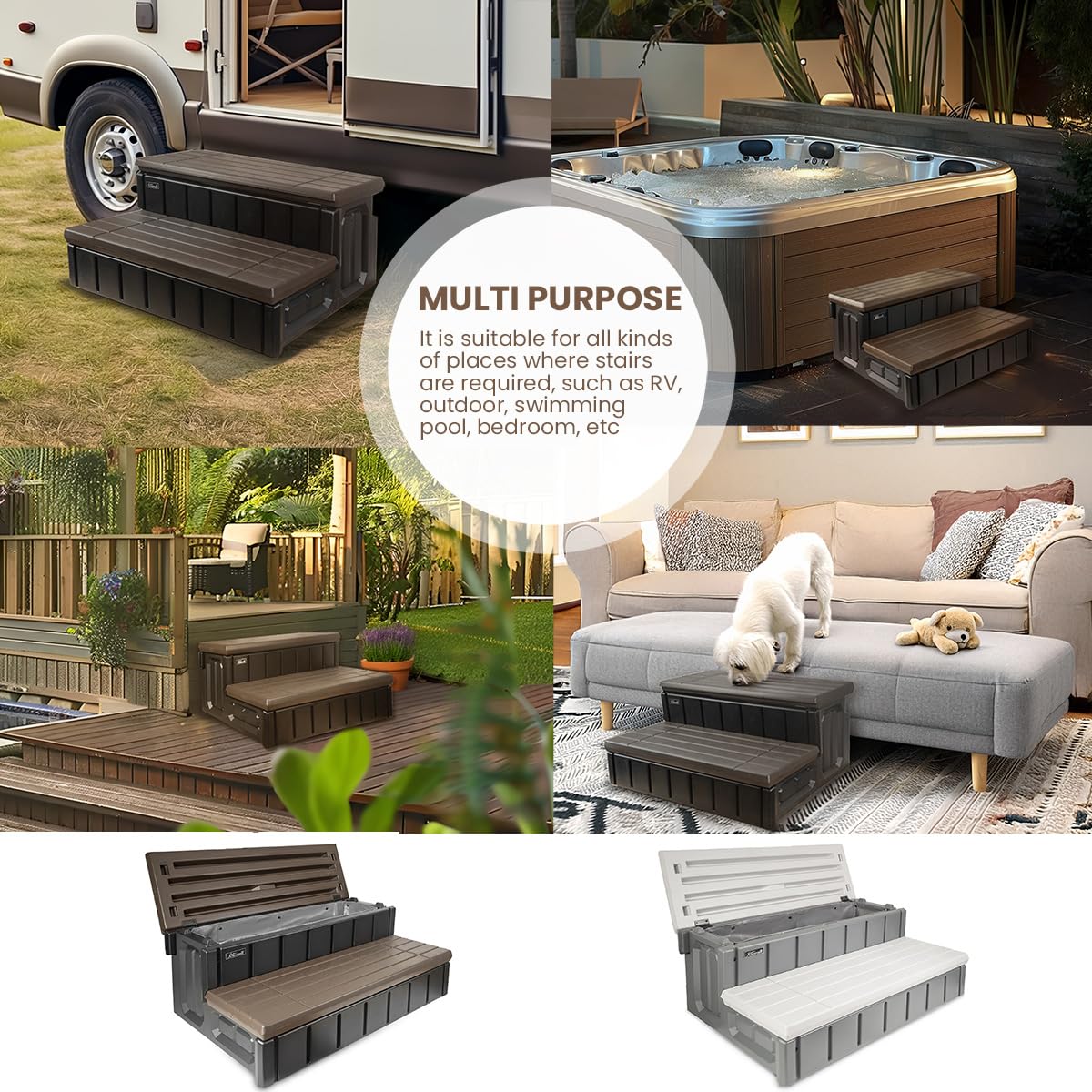 XtremepowerUS Universal Heavy Duty 2-Step Spa & Hot Tub Step Porch Steps with Large Storage Compartment Non-Slip Resistant Step Stairs 36" Inches Long Stool Pool Ladder, Grey