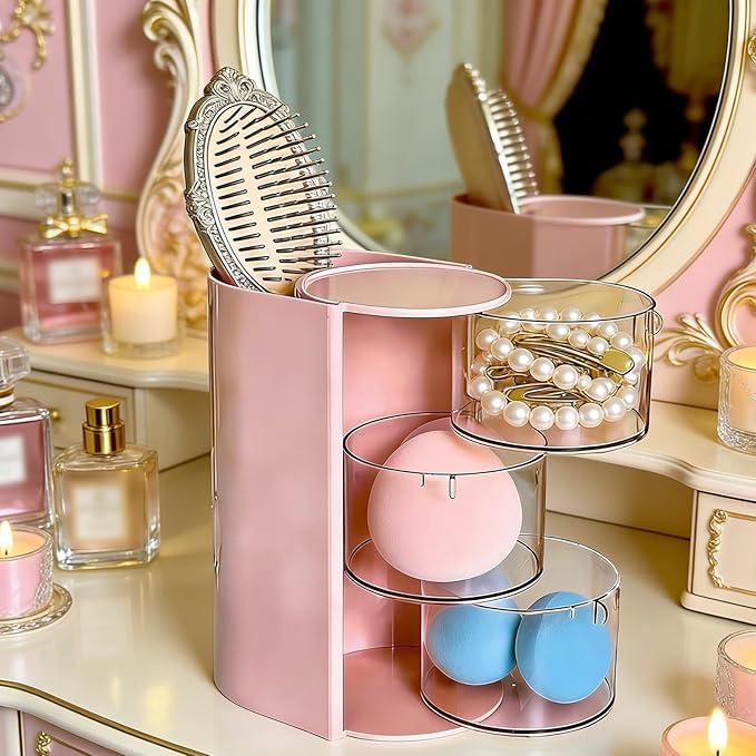 Hair Accessories Organizer for with Hair Brush Holder, Divided Rotatable Makeup Easy Organization of Hair Clips, Rings, Earrings, Makeup Brushes, Hair Clip and Hair Accessories (Pink, 3-Layer)