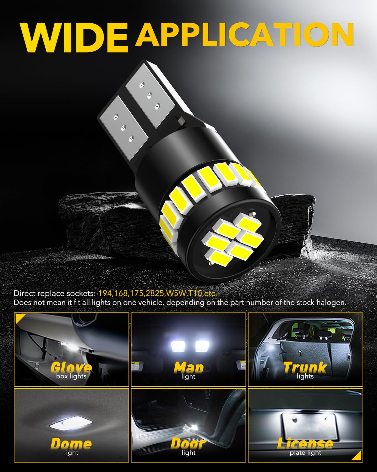 AUXITO 194 LED Light Bulb 6000K White 168 2825 W5W T10 Wedge 24-SMD 3014 Chipsets LED Replacement Light Kit Error Free for Car Interior Dome Map Door License Marker Lights, Pack of 10