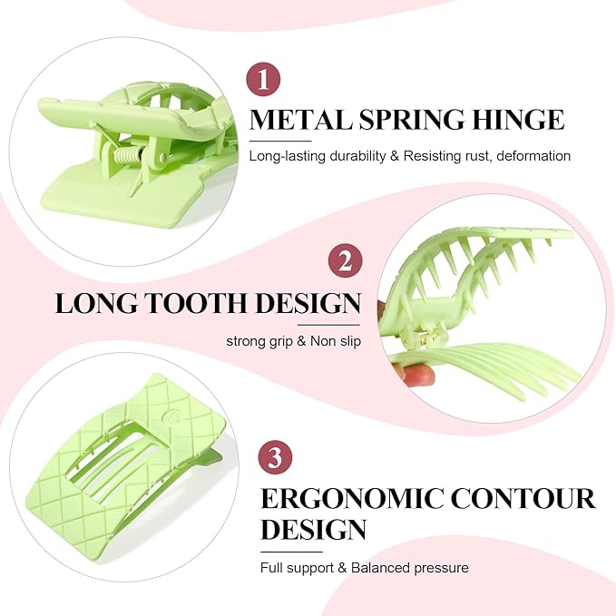 Large Flat Hair Claw Clips for Women for Thin Thick Hair, Stylish Strong Hold Non Slip Square Hair Clips, Cozy French Lay Down Hairclips, Green, Purple, Blue, Gardenia, 4 Pcs
