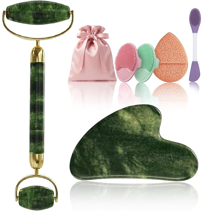 Rena Chris Gua Sha and Face Roller Set: Face Skin Care Tools with Facial Cleansing Brush, 2 Silicone Scrubber Pads & Face Sponge, Travel Bag, Self Care Gift