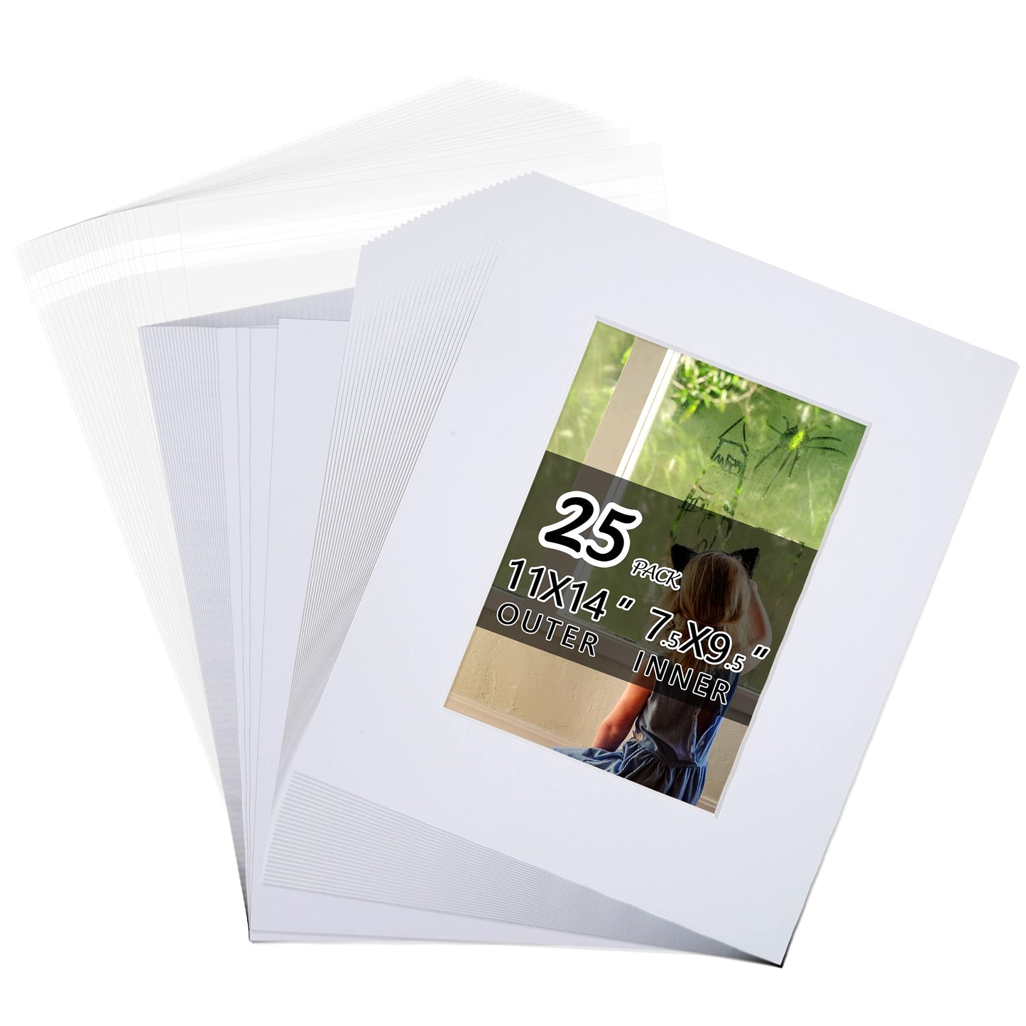 Falling in Art Acid Free 25 Pack 11x14 Pre-Cut Mat Board Show Kit for 8x10 Photos, Prints or Artworks, 25 Core Bevel Cut Matts and 25 Backing Boards and 25 Crystal Plastic Bags, White