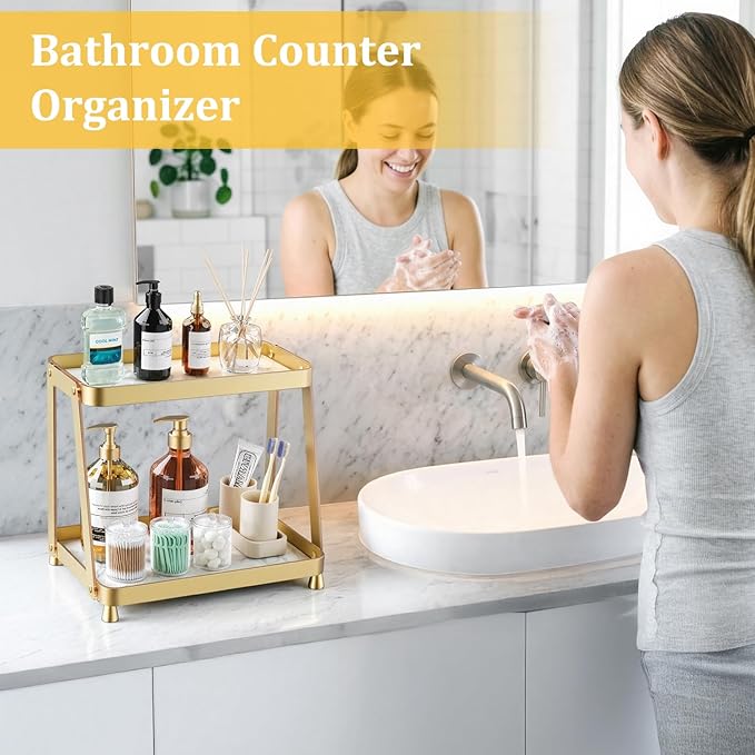 Bathroom Counter Organizer - 2-Tier Acrylic Makeup Organizer Countertop with Marble Tray, Perfume Organizer & Vanity Organizer, Makeup Tray Shelf for Skincare, Cosmetics Display, Gold