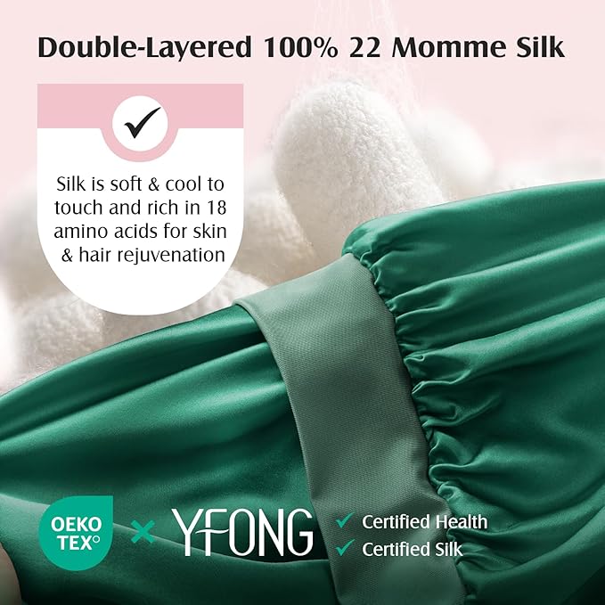 YFONG 100% 22 Momme Mulberry Silk Bonnet for Sleeping Women, Larger Double Layer Silk Hair Wrap for Curly Short Long Hair, Non-Slip Sleep Shower Cap Turban with Elastic Tie Band, Deep Green