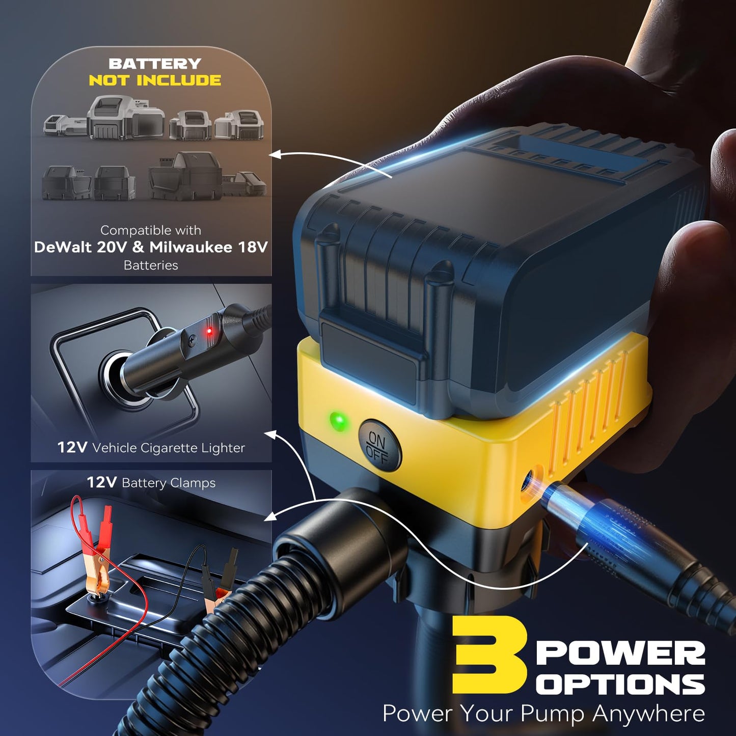 DIYtoolifz 5 GPM Cordless Fuel Transfer Pump with Auto Shut-Off & Beep Alert, Compatible with DeWalt 20V & Milwaukee 18V Batteries, Gas Can Pump for Gasoline/Diesel, 51" Hose & 5 Adapters (Bare Tool)