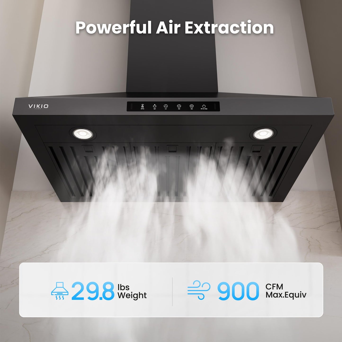 VIKIO HOME Wall Mount 36 Inch Range Hood 900 CFM, Ductless/Ducted Convertible, 3-speed Gesture Sensing & Touch Control, Black Painted Stainless Steel Vent Kitchen Hood with Permanent Baffle Filters