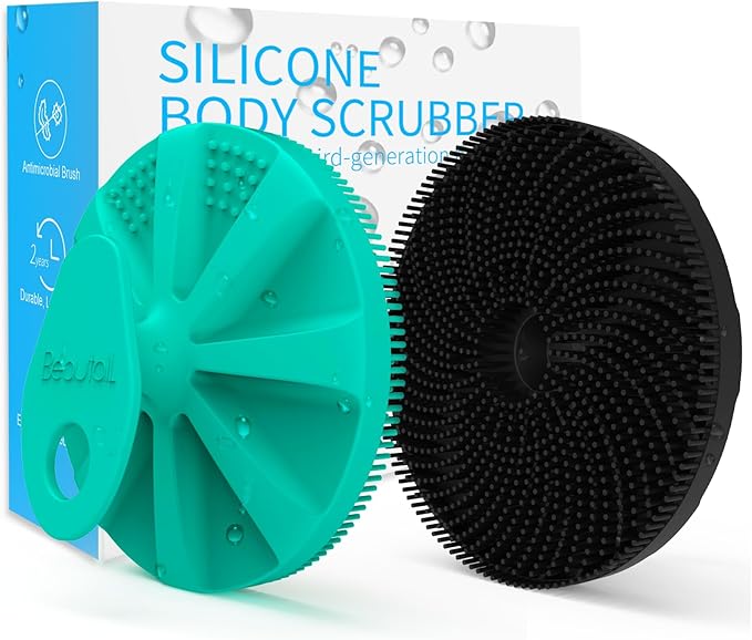 Silicone Body Scrubber 2 Pack, BEAUTAIL Gentle Bristles Shower Bath Brush, Lather Nicely, Soft Massage Body, More Hygienic Than Loofah, Gentle Exfoliating for Sensitive Skin, Green+Black