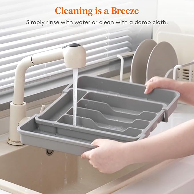 Lifewit Silverware Drawer Organizer, Expandable Utensil Tray for Kitchen, BPA Free Flatware and Cutlery Holder, Adjustable Plastic Storage for Spoons Forks Knives, 8.9-14.7 x 12.2", Gray