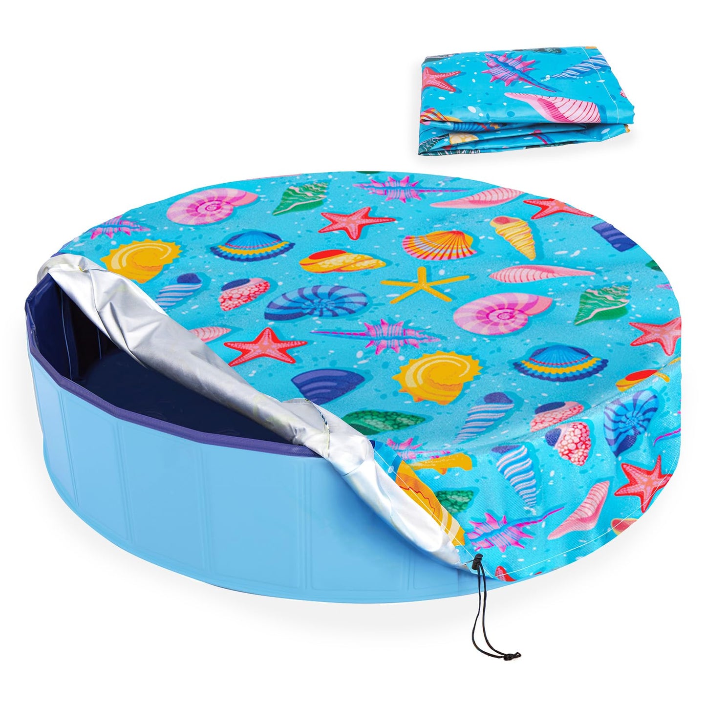 Docuwee Round Dog Pool Cover 48", Foldable Kiddie Solar Cover Fit Dog Collapsible Swimming Pool, Pets Kids Bath Tub, Anti-UV Dustproof Safety Pool Covers, Starfish Patterns