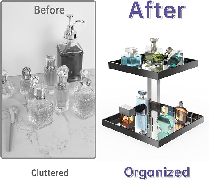 NiHome Acrylic Perfume Display Organizer, 2-Tier Cologne Organizer, Makeup Holder with Mirrored Base, Handmade Vanity Storage Versatile Countertop Tray for Cosmetics Toiletries, Black