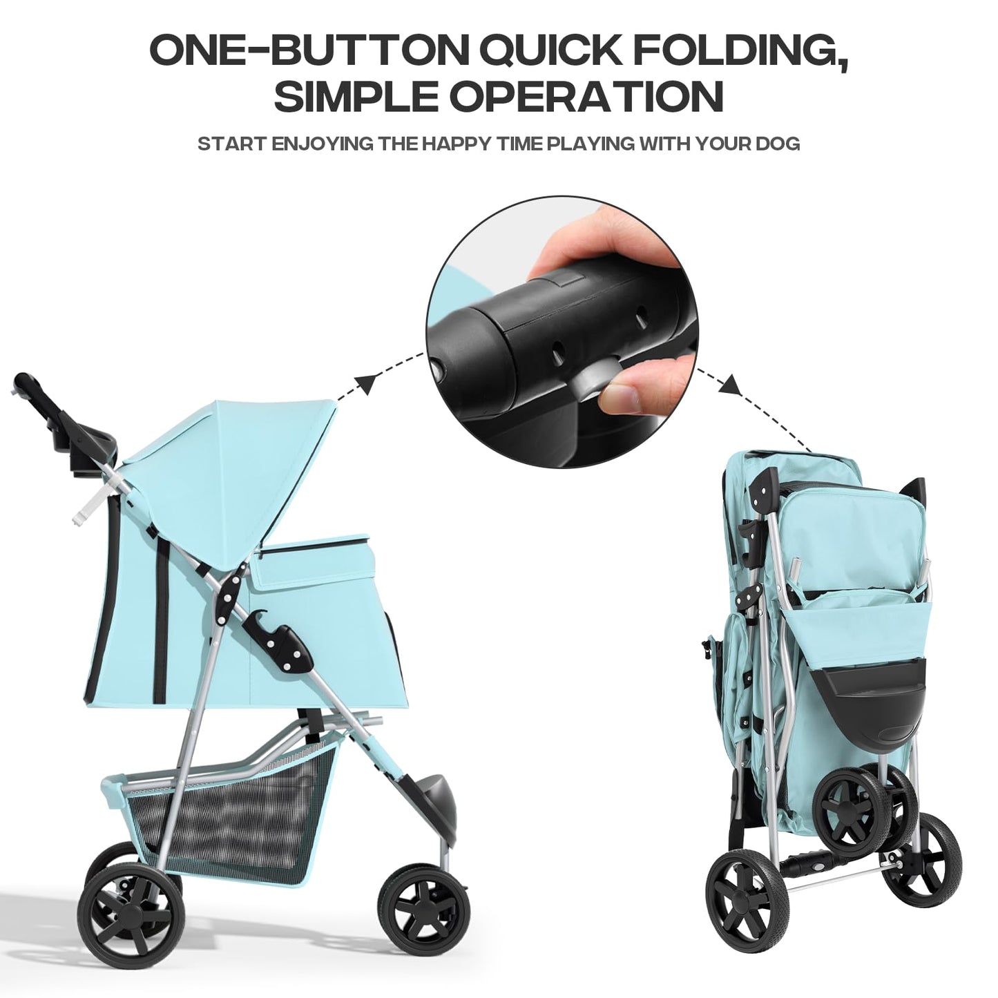 Pet Stroller for Small Dogs 10 lbs, Dog Stroller for Medium Dogs 30 lbs, Cat Strollers for 2 Cats, 3 Wheels Foldable Jogger Puppy Stroller with Storage Basket and Cup Holder, Mint
