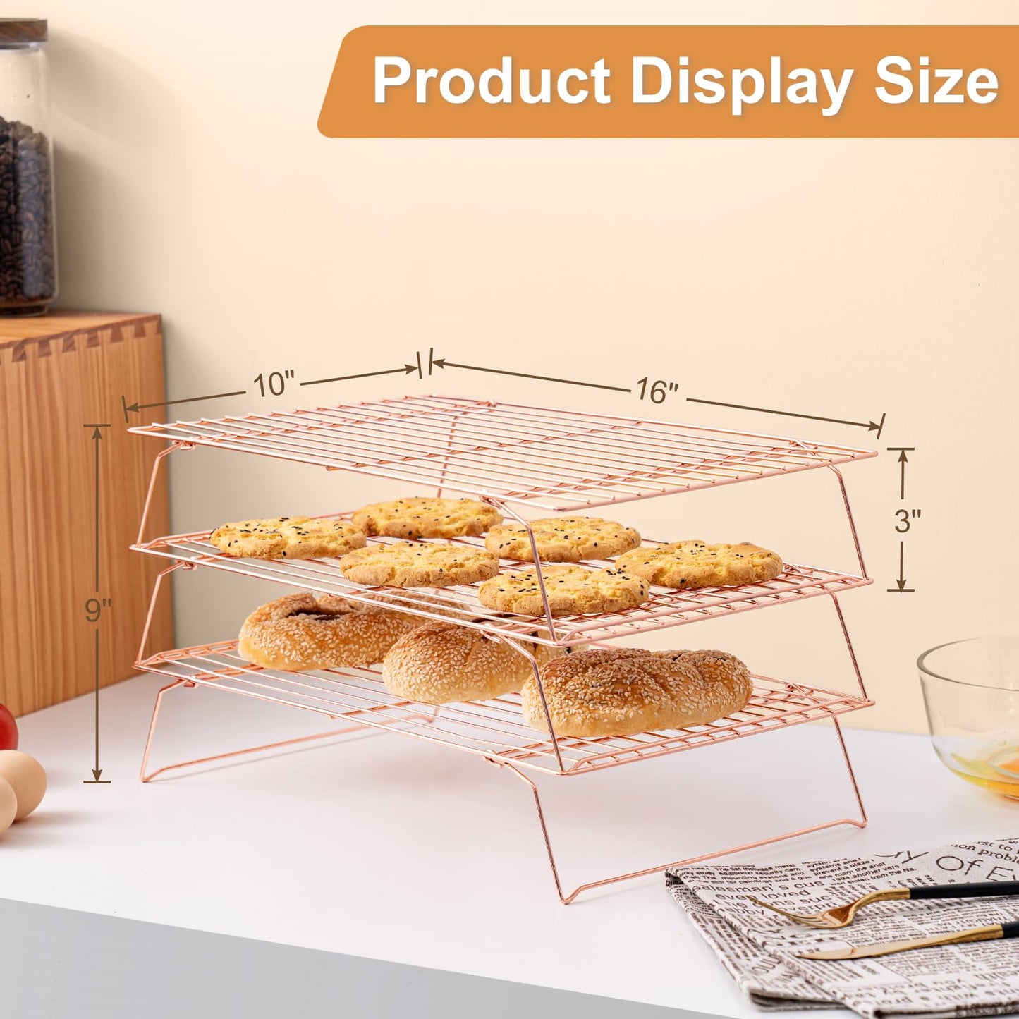 Cooling Rack for Baking 3 Tiers, 16" x 10" Cookie Cooling Wire Rack Stackable Collapsible Nonstick, Stainless Steel Baking Cooking Cooling Racks with Optimum Air Flow, Rose Gold