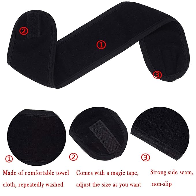 2 Pack Facial Spa Headband with Magic Tape - Terry Cloth Head Wrap for Bath, Makeup, Yoga and Sport, Black