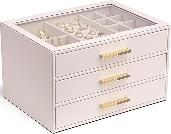 Vlando Jewelry Box for Women, Glass Lid Jewelry Organizer with 3 Drawers for Necklaces Rings Earrings Bracelets - Light Pink