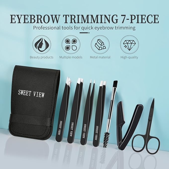 SWEET VIEW 7pcs Eyebrow Tweezers Kit for Women Precision Plucker with Brow Scissors & Razor & Spoolie for Facial, Chin, Brow, Splinter and Ingrown Hair