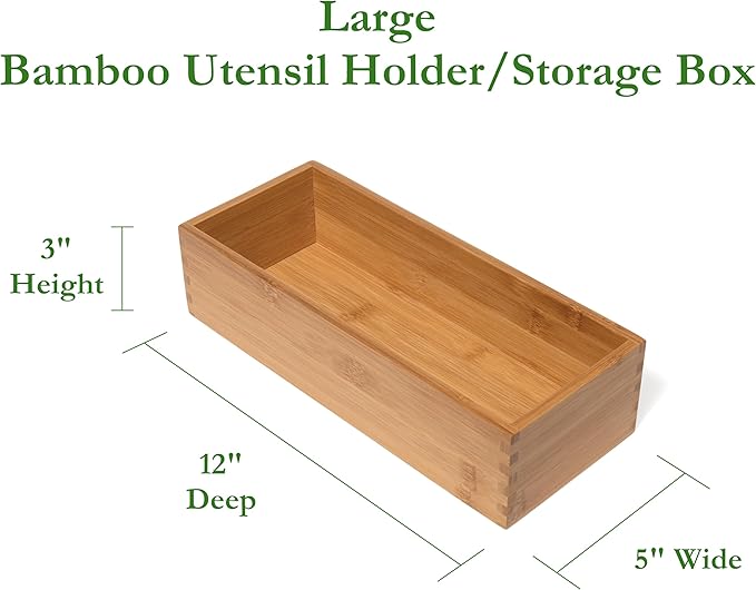 Lipper International Bamboo Utensil Holder Storage Box for Cooking Tools, Makeup, or Office Supplies, 5" x 12" x 3"