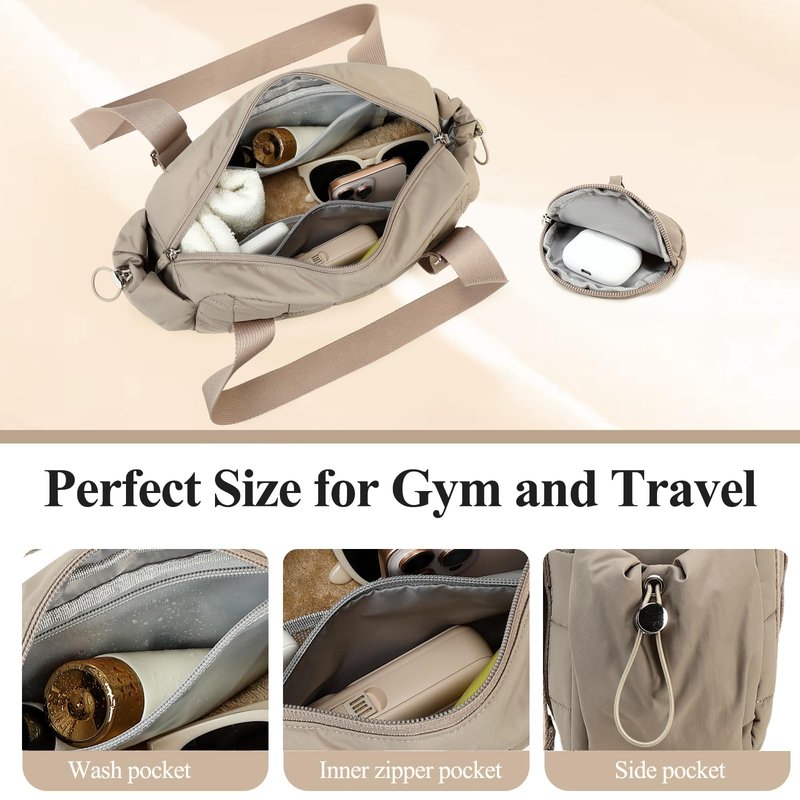 CAMTOP Mini Gym Bag for Women, Small Gym Tote Bag Puffy Quilted Sports Duffel Bag with Wet Compartment and Coin Purse Duffel Bags Dance Yoga Workout Bag for Gifts (Camel, Mini-12.6")