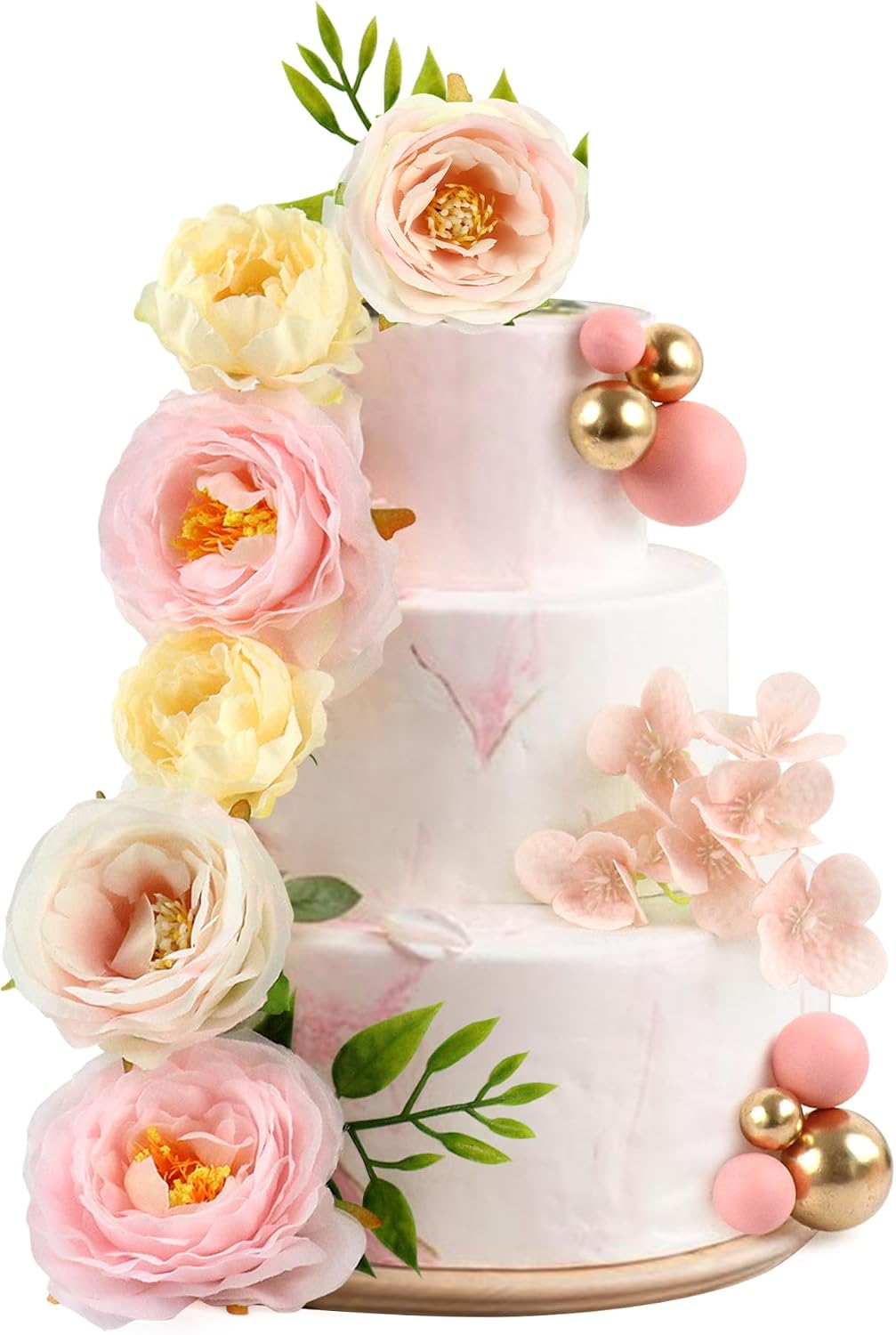 Ercadio 30Pcs Pink Artificial Flowers Balls Cake Decorations 3D Flowers with Artifcial Leaves Cake Toppers for Mother's Birthday Bridal Shower Wedding Anniversary Party Cake Decorations Supplies