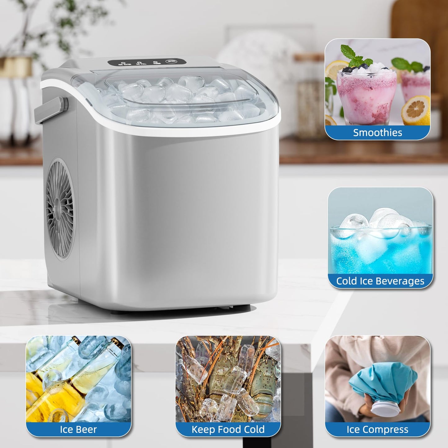 Antarctic Star Ice Maker Countertop, Portable Ice Machine with Carry Handle, 26Lbs Per Day, 9 Cubes Ready in 6 Mins, Self-Cleaning Ice Makers with Ice Scoop and Basket for Kitchen/Office/Party (Grey)