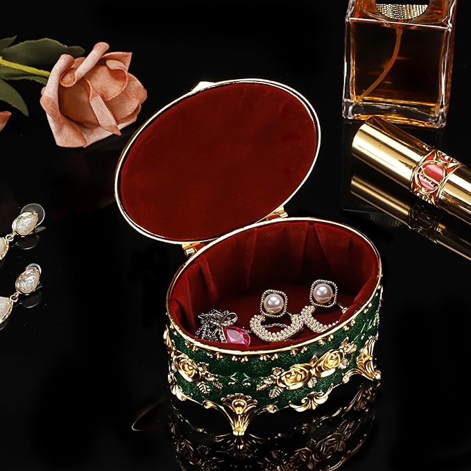 Hipiwe Vintage Jewelry Box Oval Trinket Display Case with Rose Pattern Decorative Green Treasure Box Ring Holder for Women