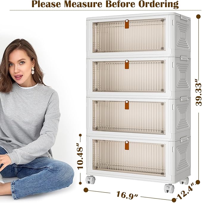YFXCVSL 4 Tier Plastic Storage Bins with Lid 36QT, Stackable Storage Containers with Wheels, Folding Storage Boxes, Stackable Storage Bins, Organizers and Storage for Living Room,Office,Dorm
