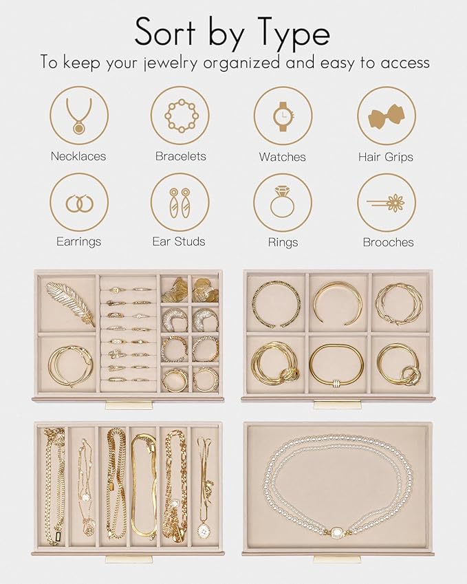 VLANDO 4 Layer Jewelry Box for Women, Glass Lid Jewelry Organizer with 4 Drawers for Necklaces Rings Earrings Bracelets - Toffee