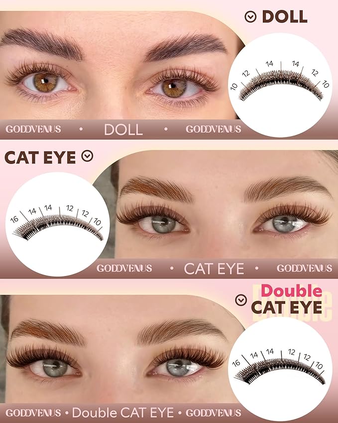Goddvenus Brown Wispy Lash Clusters Kit Natural Cluster Eyelash Extensions Kit False Eyelashes Clusters Fluffy DIY Individual Lash Extensions Kit C Curl