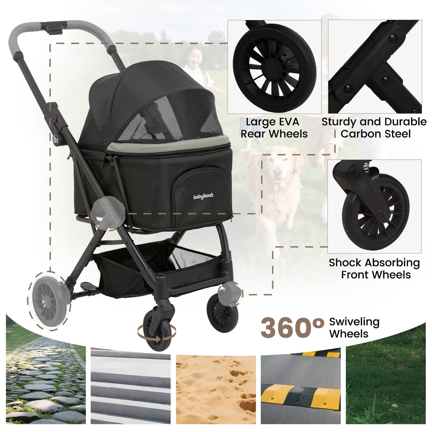 Foldable Dog Stroller for Small Dogs Cats Portable Compact Stroller for Pets Up to 35lbs One Click Folding Travel Pet Carriage with Convertible Canopy, Storage Basket - Black