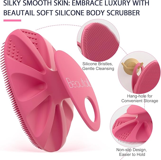 BEAUTAIL Silicone Body Scrubber Shower Bath Wash Brush Gentle Exfoliating Scrub Cleansing Loofah for Women Men Baby Sensitive Skin, Easy to Clean, Lather Nicely, More Hygienic, 1 Pack, Pink