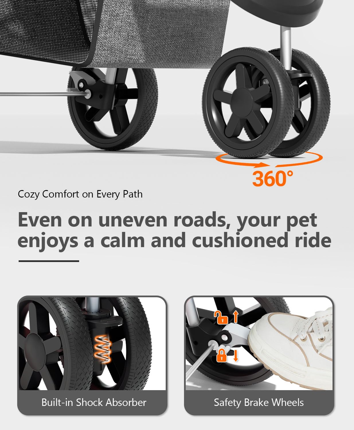 OS MOTOR Pet Stroller with 3 Wheels for Small/Medium Pets, Portable Travel Foldable Carrier Jogger for Dog Cat Puppy Kitty, Rear Wheel Breaks, Storage Basket, Visible Mesh with Weather Cover (Gray)