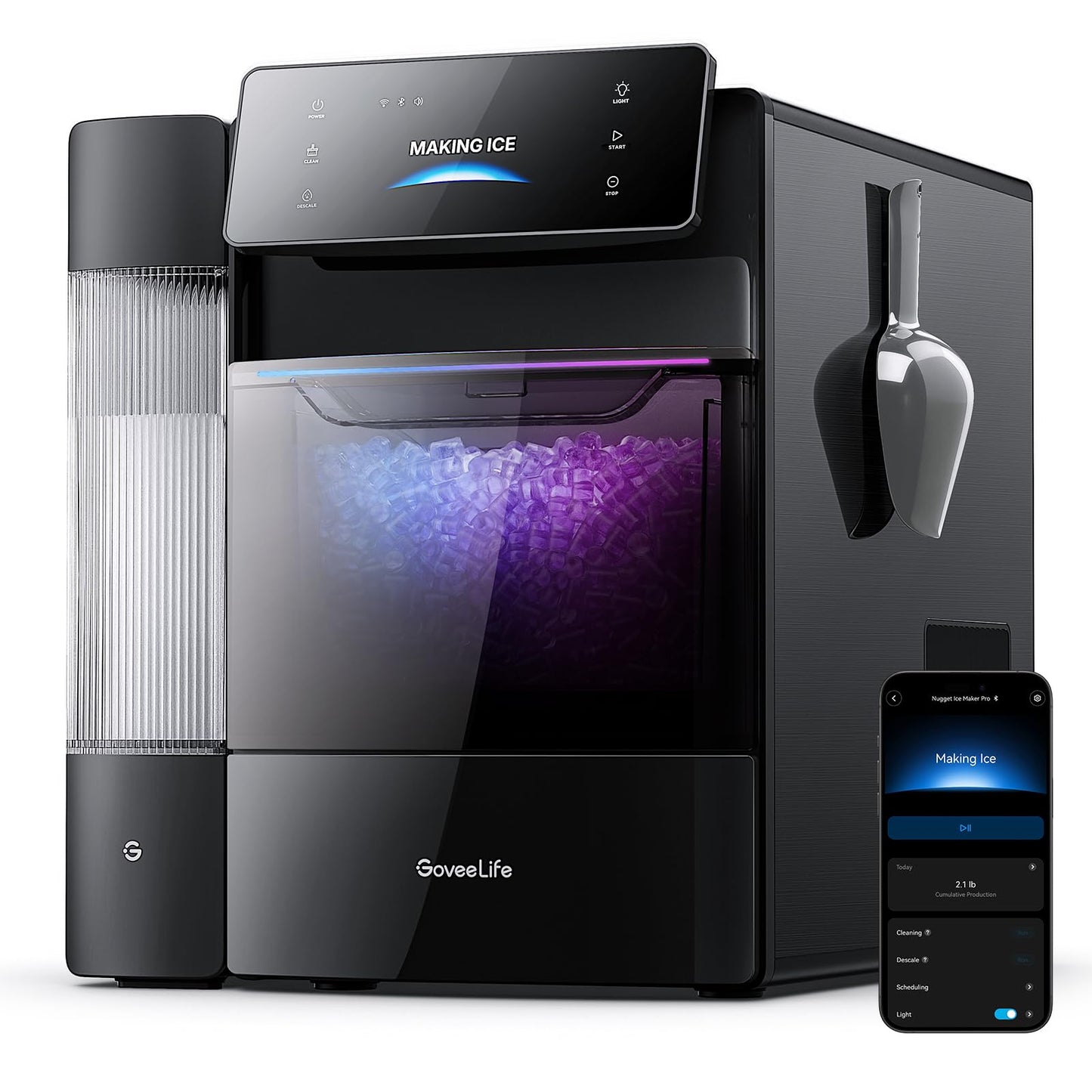 GoveeLife Smart Nugget Ice Maker Pro, 60lbs Daily, 6-Minute First Ice, 40dB Ultra-Quiet with AI NoiseGuard, App & Voice Control, Self-Clean, 3.5lbs Basket & Dual Water Tanks, for Home Kitchen, Party