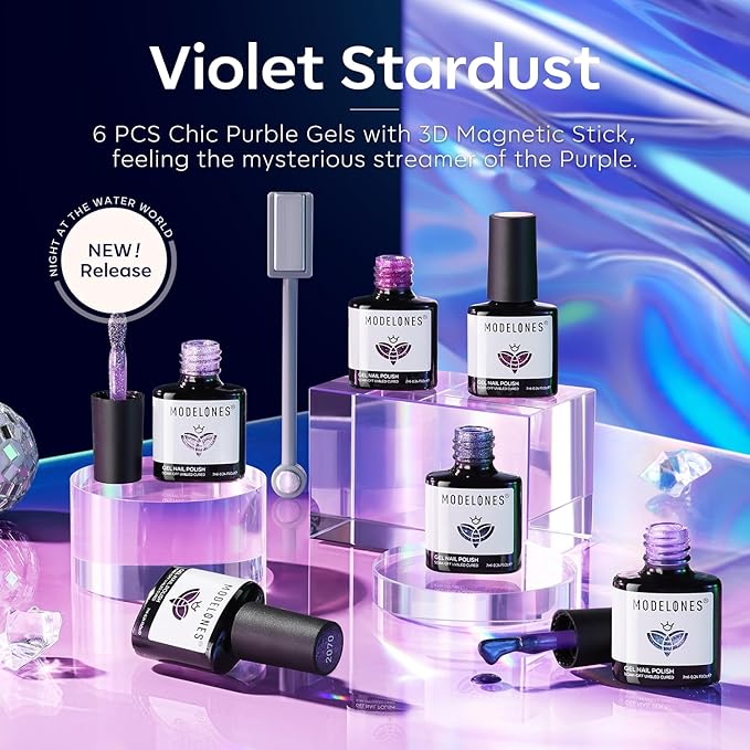 modelones Gel Nail Polish Set, 6 Colors 2026 Winter Purple-Red/Black/Blue Sparkle Chameleon Glitter Gel Polish Purple-Black Color Changing 9D Cat Eye Nail Polish With Magnet LED Nail Art DIY Gift