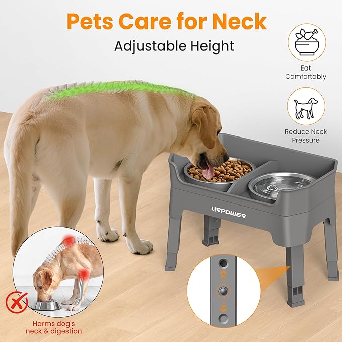 URPOWER 3-in-1 Elevated Dog Bowls - Mess Proof Double Deck 4 Height Adjustable Raised Stand with 2 Stainless Steel Food Bowls and Licking Plate for Small Medium & Large Dogs
