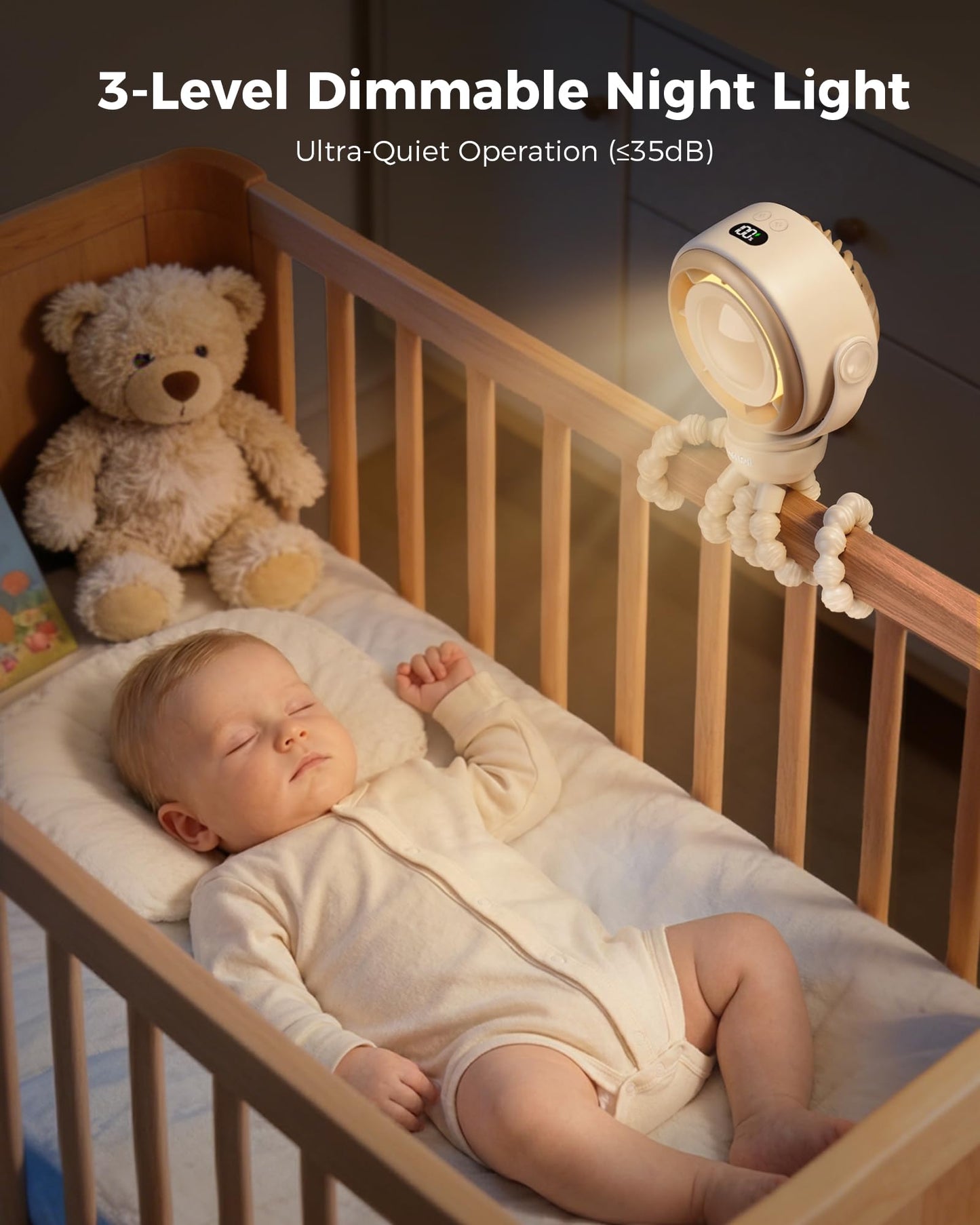 SWEETFULL Baby Stroller Fan - 4000mAh Rechargeable 4-Speed Quiet with LED Display & Night Light, Mini Portable 360° Clip On Safe Fan for Car Seat, Crib, Travel - Brown