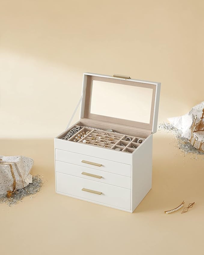SONGMICS GISELLA Collection - Jewelry Box Organizer, 4-Layer Jewelry Storage with 3 Drawers, Shiny Metal Hardware, Glass Lid, Modern, 6 x 9.9 x 8.5 Inches, Cloud White and Gold Color UJBC161W01