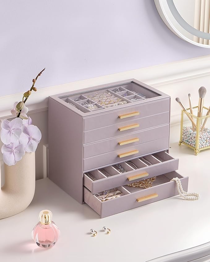 Lolalet Jewelry Box Organizer, 6-Layer Jewelry Organizers and Storage Case with Glass Lid, Ring Earring Bracelet Necklace Holder Organizer, Birthday Valentine Gifts for Women Girls -6Layer, HazePurple