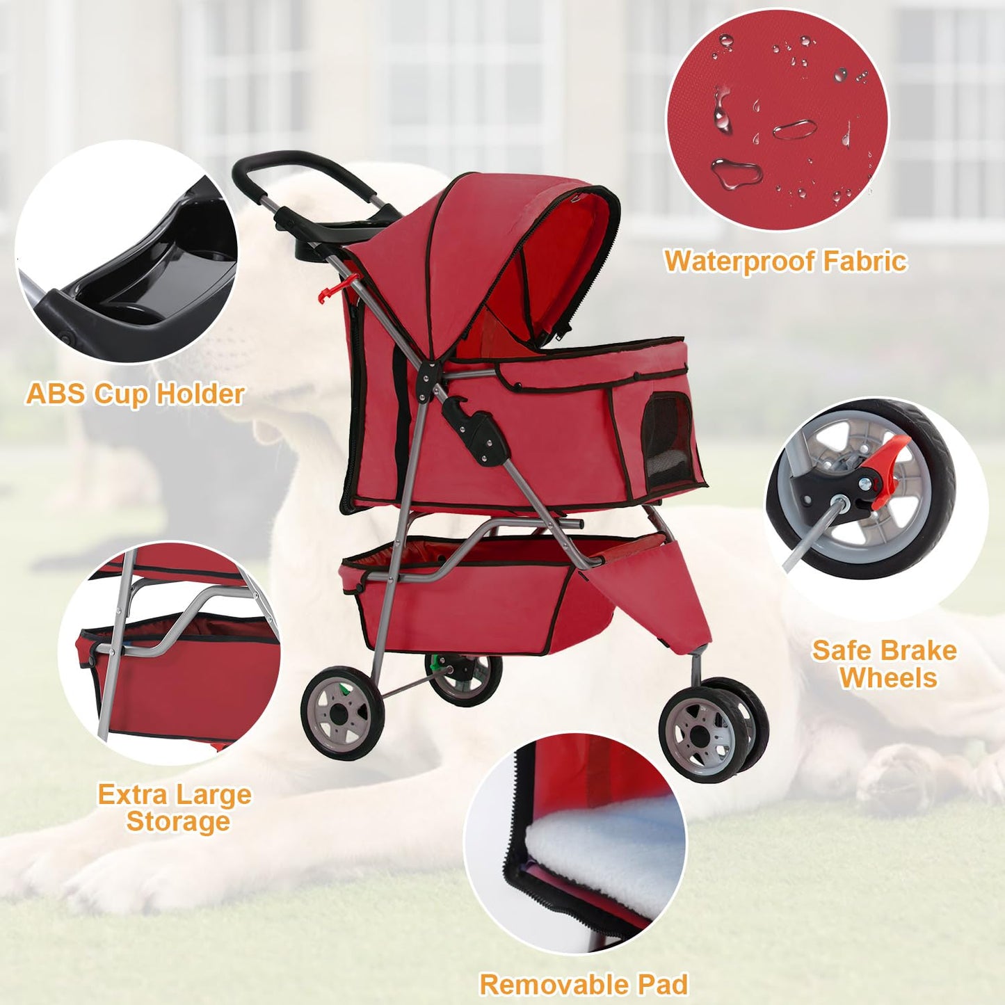 BestPet 3-Wheel Pet Stroller for Dogs & Cats - Folding Travel Carrier with Cup Holder & Removable Liner, Red