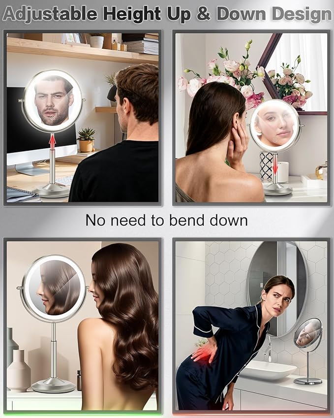 VFD 30X/1X Makeup Mirror with Lights, Height Adjustable Lighted Magnifying Vanity Mirror with 3 Lighting and Adjustable Brightness, 3000mAh Rechargeable Double Sided Switch for Desk Women Gift
