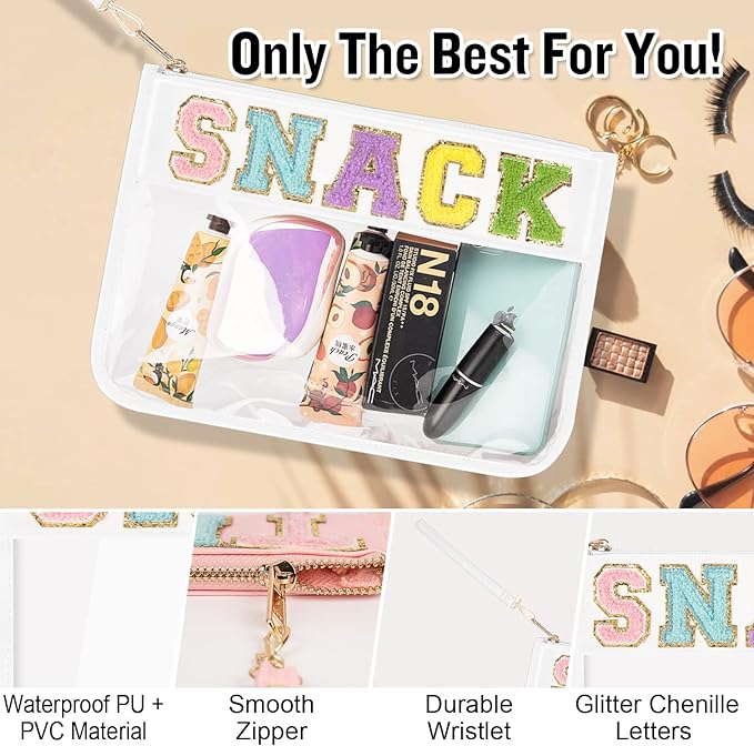 Chenille Letter Clear Snack Bags Purse Pouch, Monogram PVC & PU Clear Zipper Pouch with Wristlet, Waterproof Portable Glitter Makeup Beach Toiletry Bag for Women Girls (SNACK-White)