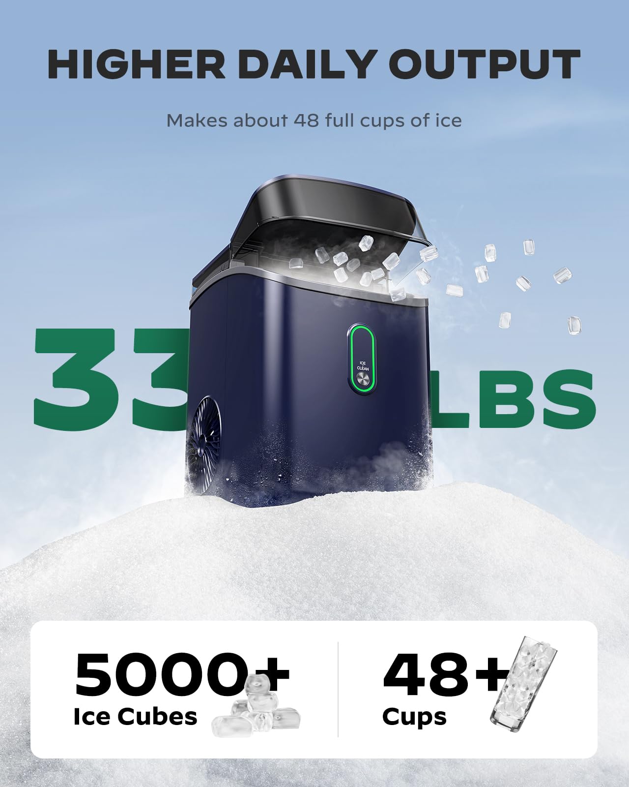 Nugget Ice Maker Countertop, Pebble Ice Maker with Crushed Ice, One-Click Operation Ice Machine with Self-Cleaning, 33lbs/24H for Home, Kitchen, Office, Blue