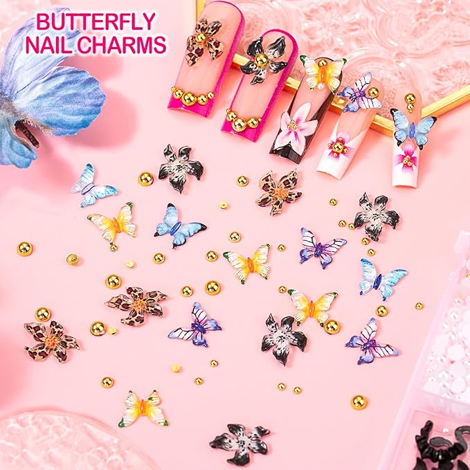 8000pcs 3D Nail Charms and Nail Gems, Cute Nail Rhinestones and Charms Y2K for Nails Nesign, Variety Butterfly Bow Moon Star Flower Junk Case Charms Gold Pearls Nail Jewels for Nail Art Decorations