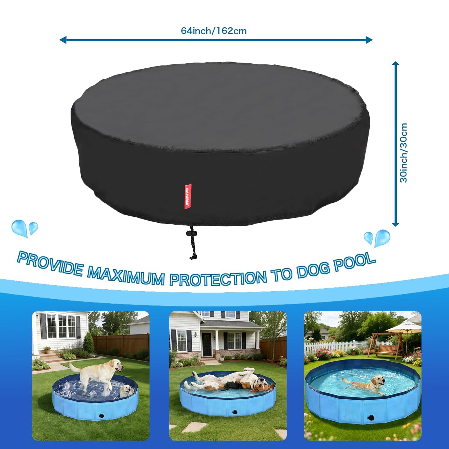 QH.HOME[2026 Upgrade 500D Thickened] 63-64 inch Kiddie Pool Cover Round, Collapsible Dog Pool Cover with Super Windproof Dual-Drawstring, Odorless Waterproof Fabric Material - Only Cover
