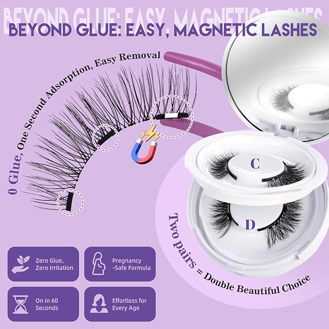 B&Q Magnetic Eyelashes Natural Look 2 Pair Magnetic Lashes with Applicator Upgrade Soft Magnetic Manga Lashes Clusters Kit Magnetics False Eyelashes 3 Magnet Strips for Strong Hold Easy to Apply(C+D)