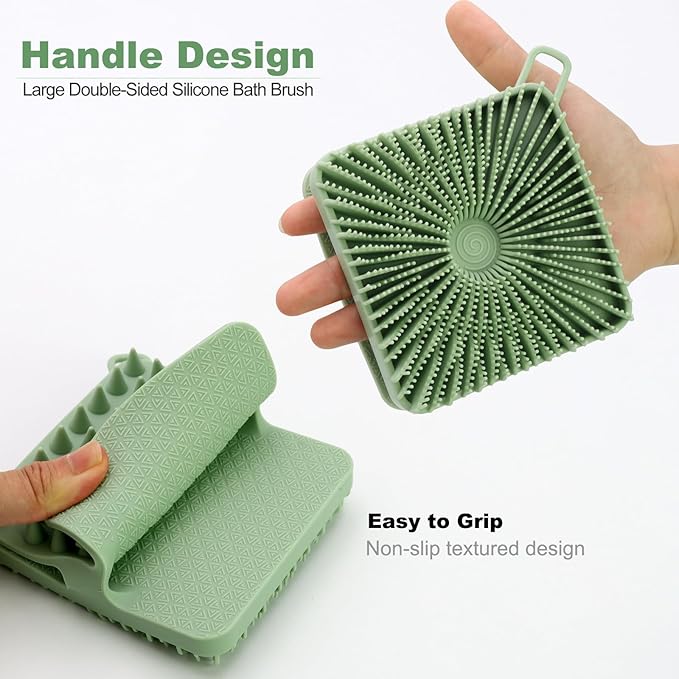 Silicone Body Scrubber, Loofah Double-Sided Body Brush, Shower Scrubber and Scalp Massager Shampoo Brush for Sensitive Kids Women Men All Kinds of Skin (Grass Green)