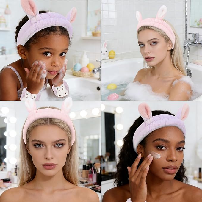YISSION Bunny Ears Hairband Set, 6Pcs Face Wash Headbands and Wristbands for Women Girls Spa Skincare Makeup, Purple Pink