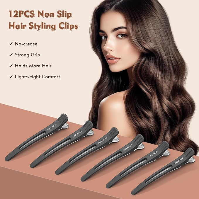 12Pack Professional Hair Clips for Styling, Non Slip No-Trace Duck Billed Hair Clips with Silicone Band, Creaseless Hair Clip for Salon Styling, Cutting, and Rollers