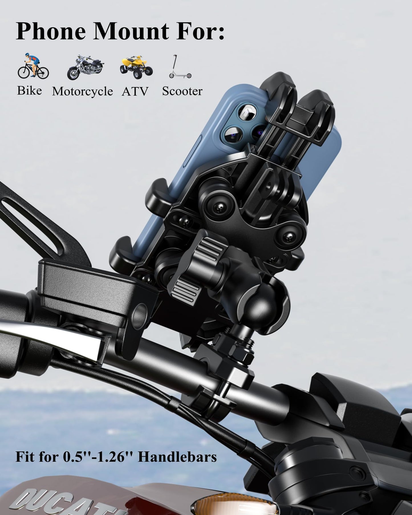BRCOVAN Motorcycle Phone Mount Holder with Vibration Dampener, Anti-Shake Handlebar Cellphone Cradle for Bike Bicycle Scooter ATV, Adjustable Fit 5.4-6.9'' Smartphone