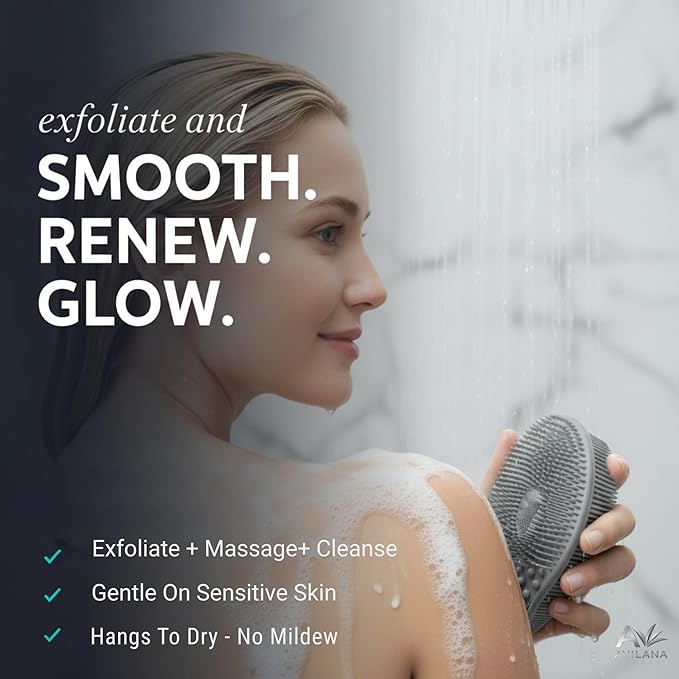 Avilana Premium Exfoliating Body Scrubber - Trusted Since 2017 - SGS Certified Silicone Bath Brush, Firm Bristles Smooth Rough Bumpy Skin Texture, Dual Sided Loofah Alternative Women Men Kids