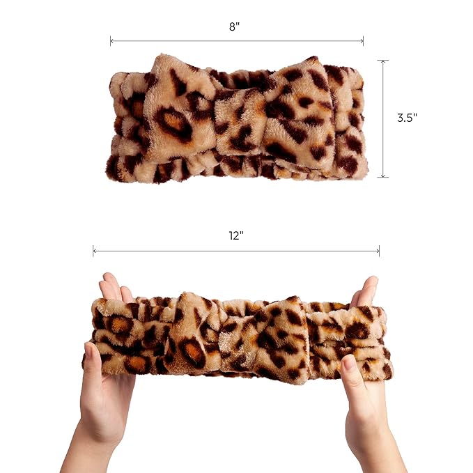 Red by Kiss Spa Headband for Washing Face Facial Makeup Bow Head Band Soft Plush Fleece Stretchy Head Wraps for Women Shower Bath Washing Face Mask (Leopard)